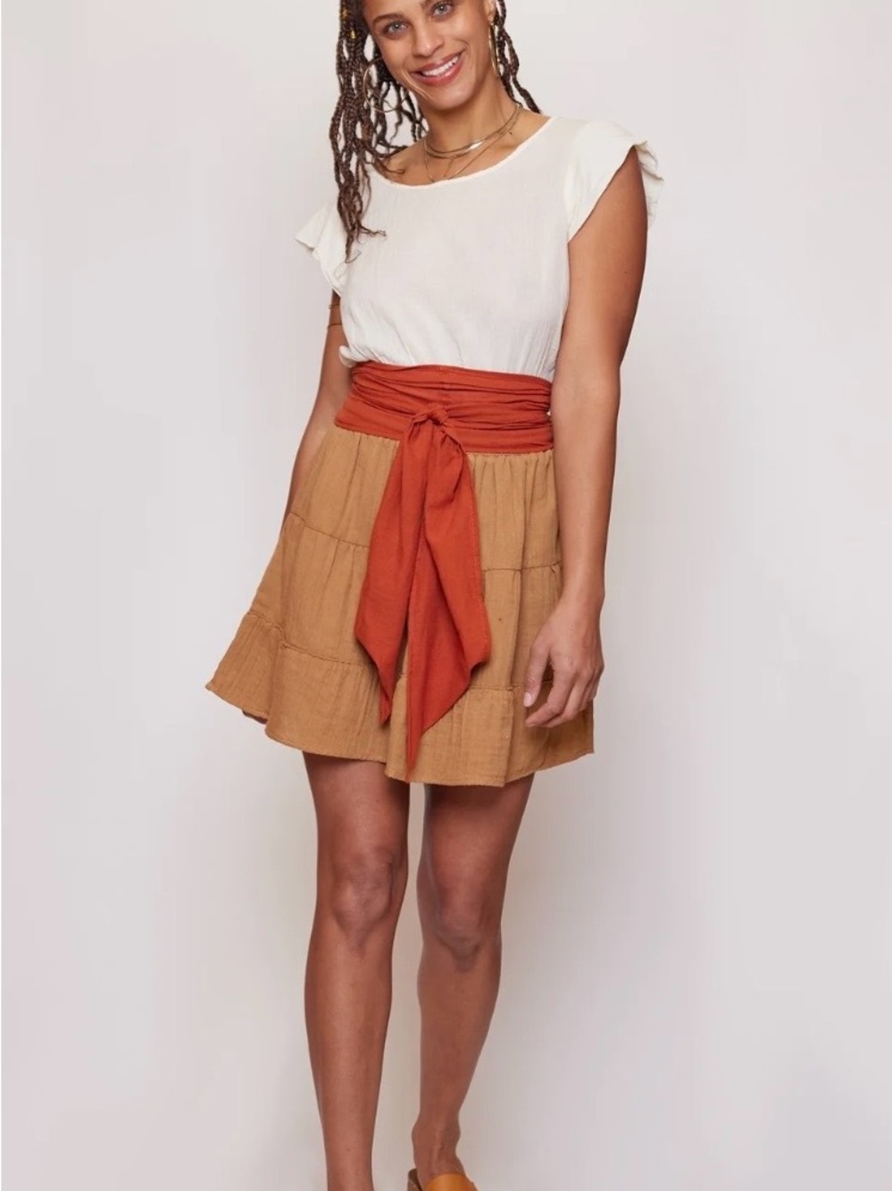 Cotton Flower Women's Tiered Tan Skirt